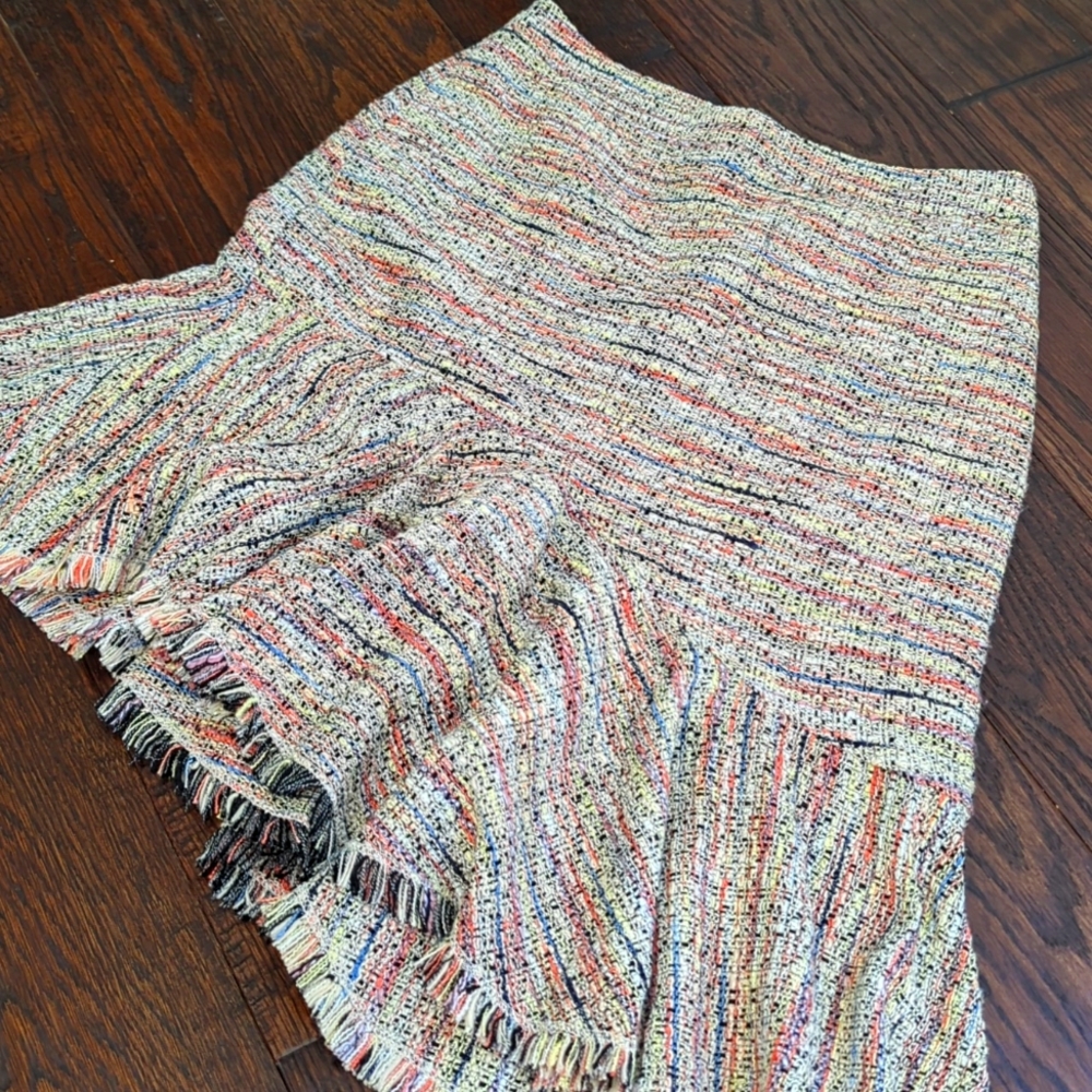 HALOGEN I Preppy Multicolor Tweed Angled Ruffled Flared Fringed Skirt, 6